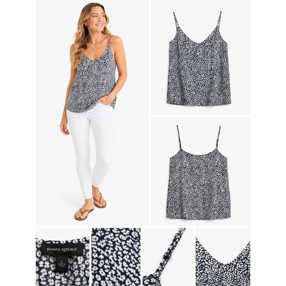 Banana Republic Cami L Navy Blue Animal Print Layering Classic Summer Breezy